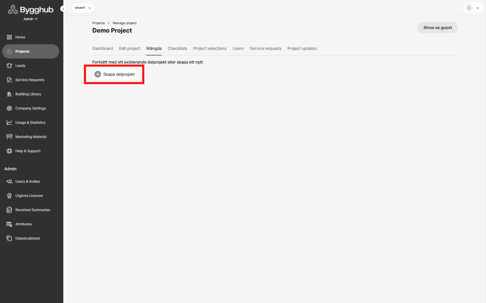Skapa delprojekt-knapp