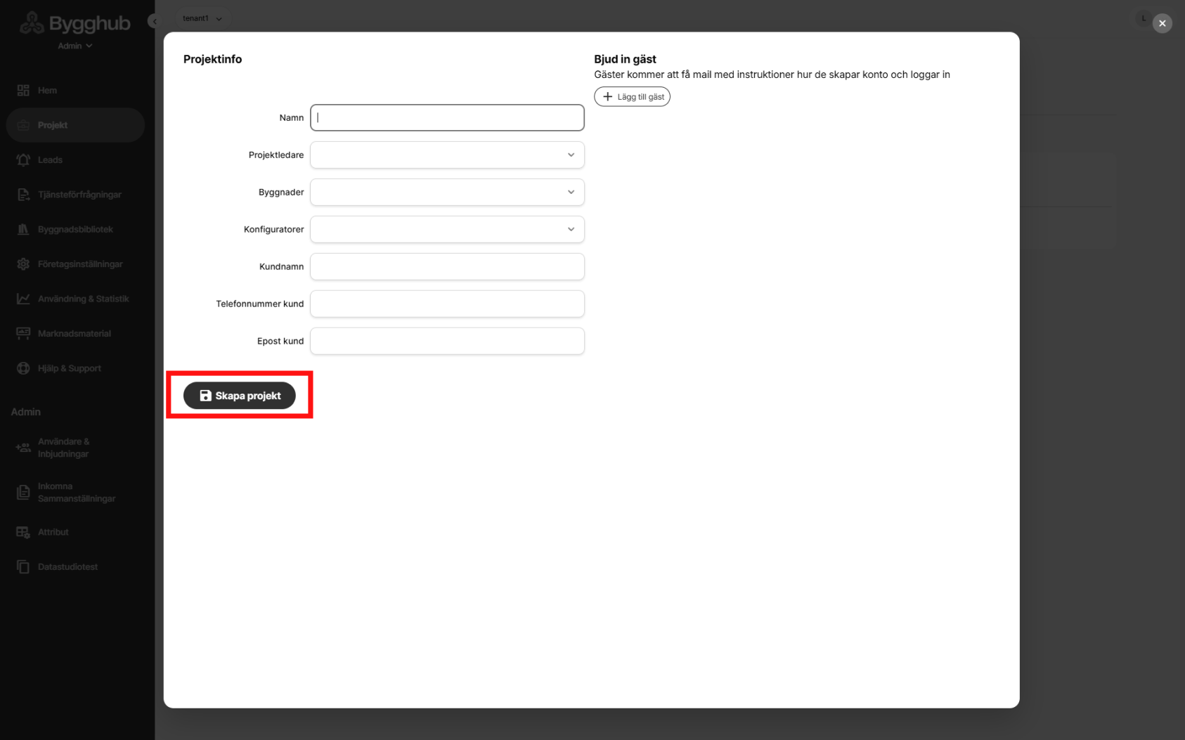 Skapa projekt - detaljer