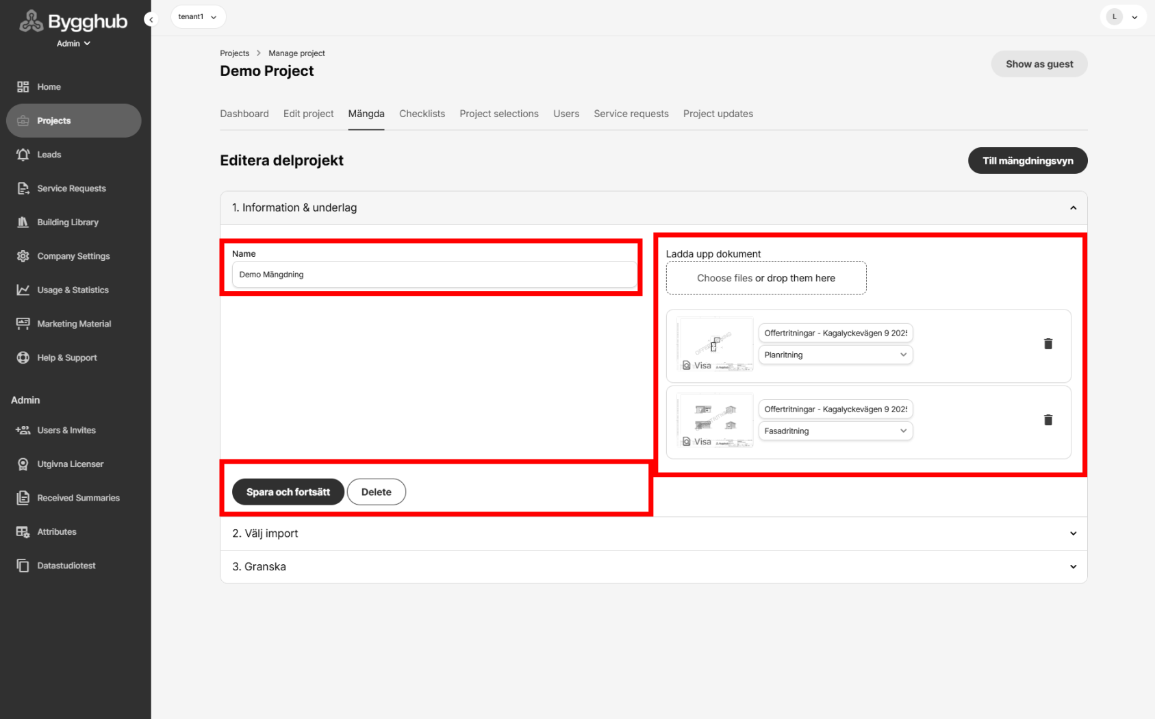 Namnge delprojekt och ladda upp filer